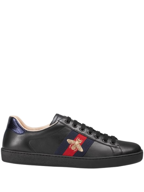 Gucci black leather ace embroidered bee low